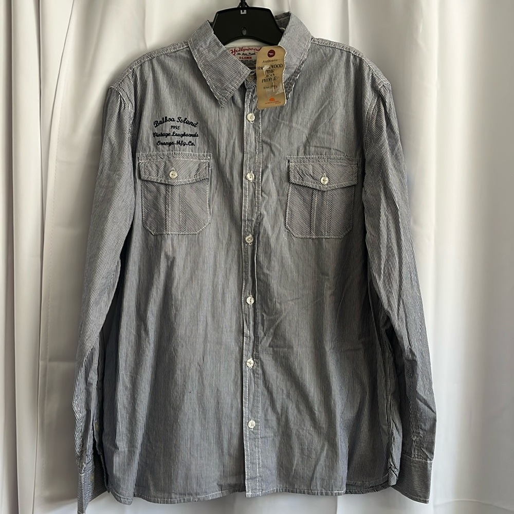 Vintage style button-up work shirt with sewn-in undershirt, XL